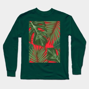 Monstera, Spider Palm, Tropical Leaves Print on Red Long Sleeve T-Shirt